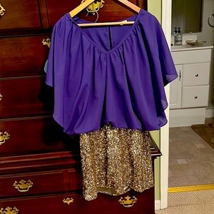 Gianni Bini purple and glitter dress size L. Good condition. Snag in left sleeve